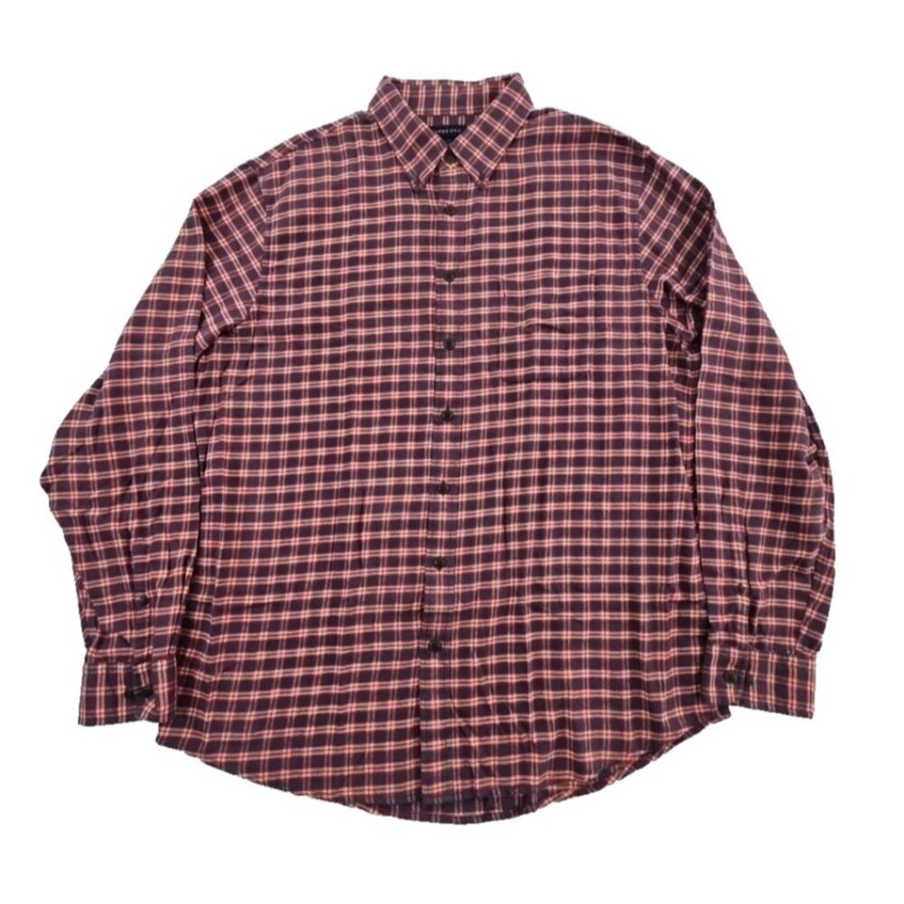 Land's End Flannel Shirt Men's XL 17-17.5 Red Gray Plaid EUC Gorpcore Activewear